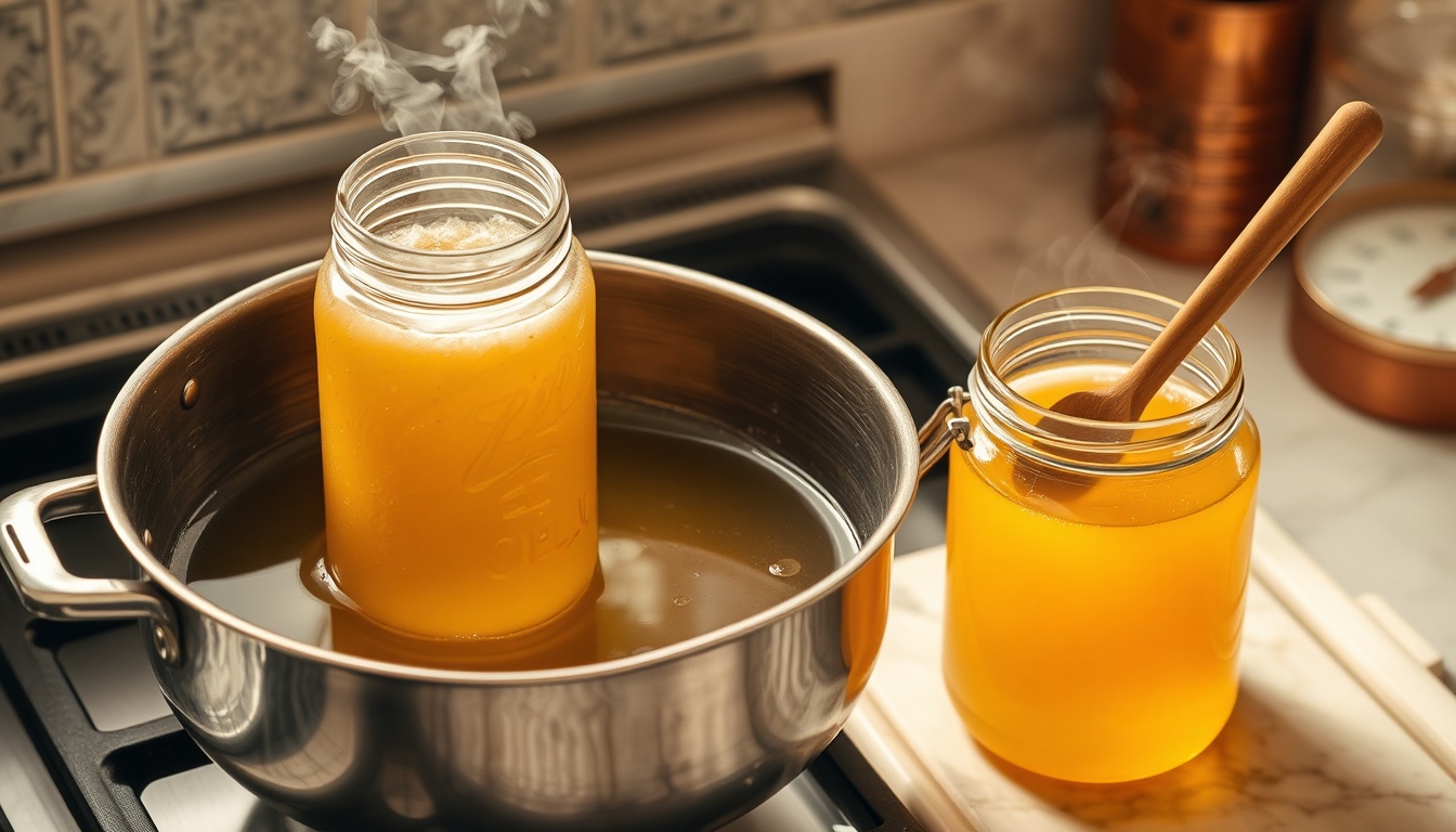 Crystallized honey jar in a warm water bath being gently decrystallized beside a jar of clear liquid honey