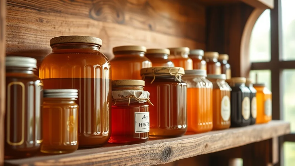 Collection of honey jars of various ages on rustic wooden shelf
