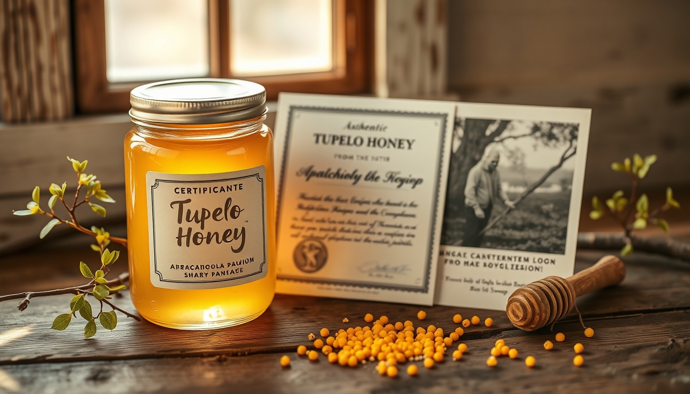 Authentic tupelo honey jar from the Apalachicola region with certificate of authenticity and Florida panhandle map