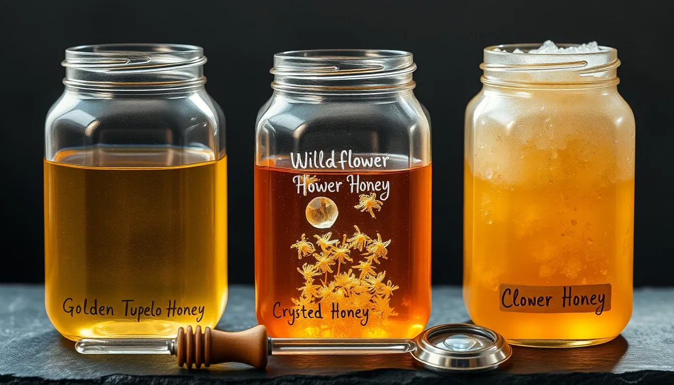 Three jars comparing crystallization: liquid tupelo, partially crystallized wildflower, and fully crystallized clover honey