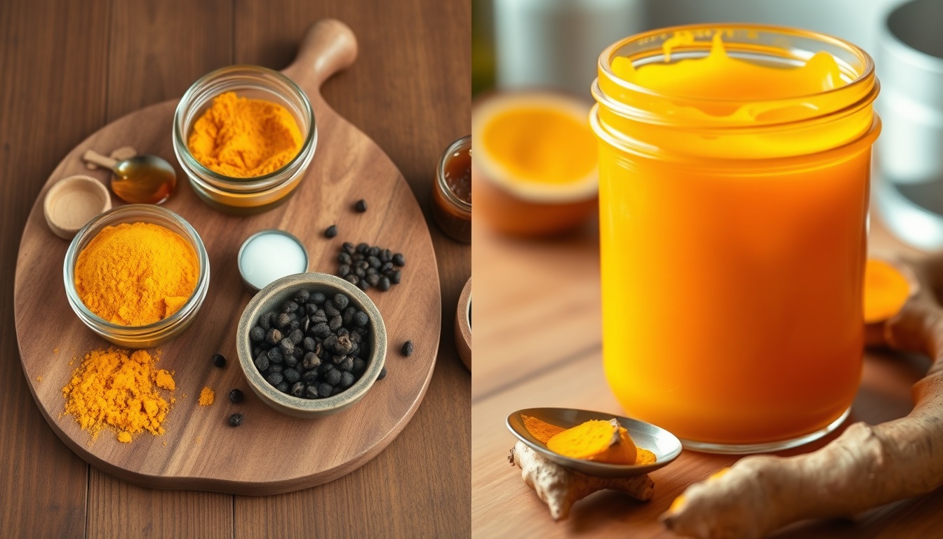 Golden honey turmeric paste preparation: turmeric powder, raw honey, black peppercorns, and finished paste in mason jar
