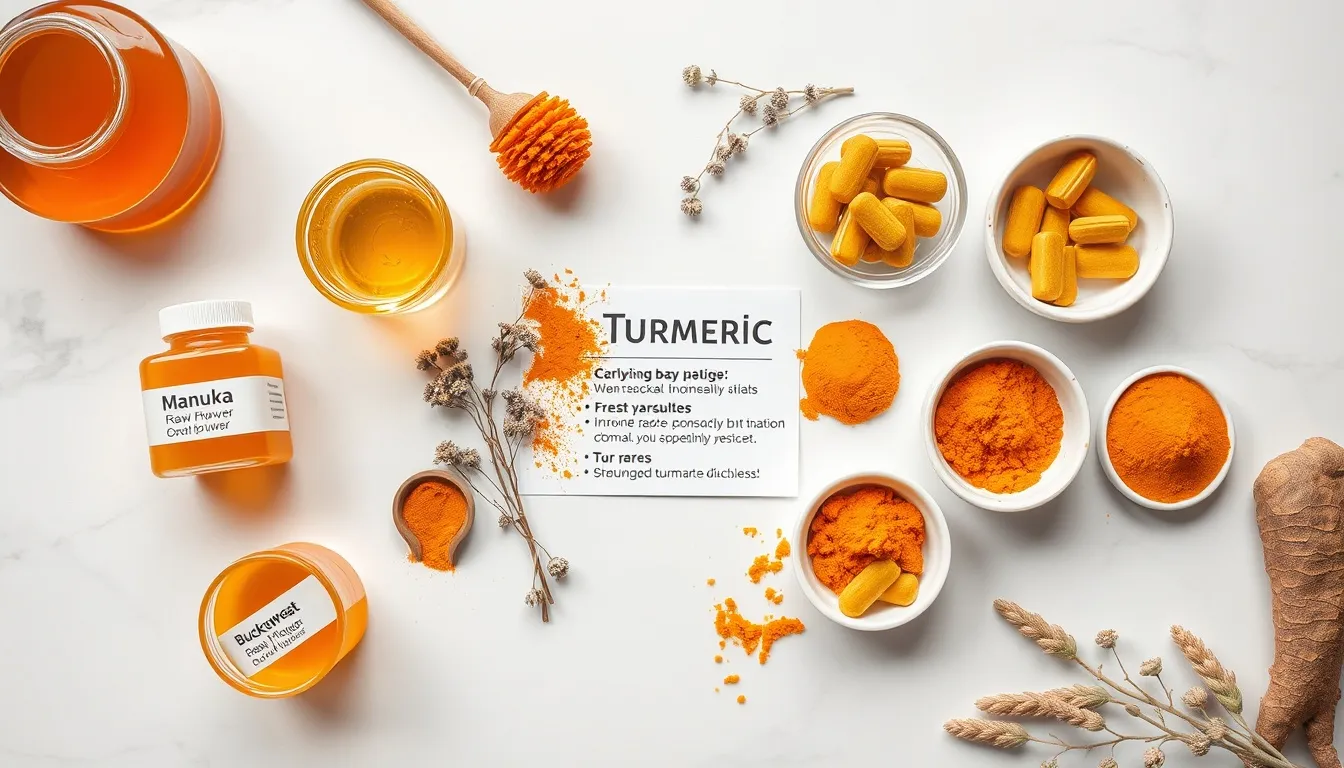Honey types (Manuka, Wildflower, Buckwheat) and turmeric forms (fresh root, powder, capsules) for optimal pairing