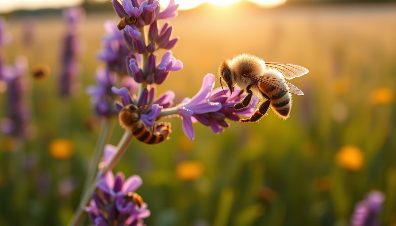 Close-up of a honeybee collecting nectar from a lavender bloom in a sunlit meadow