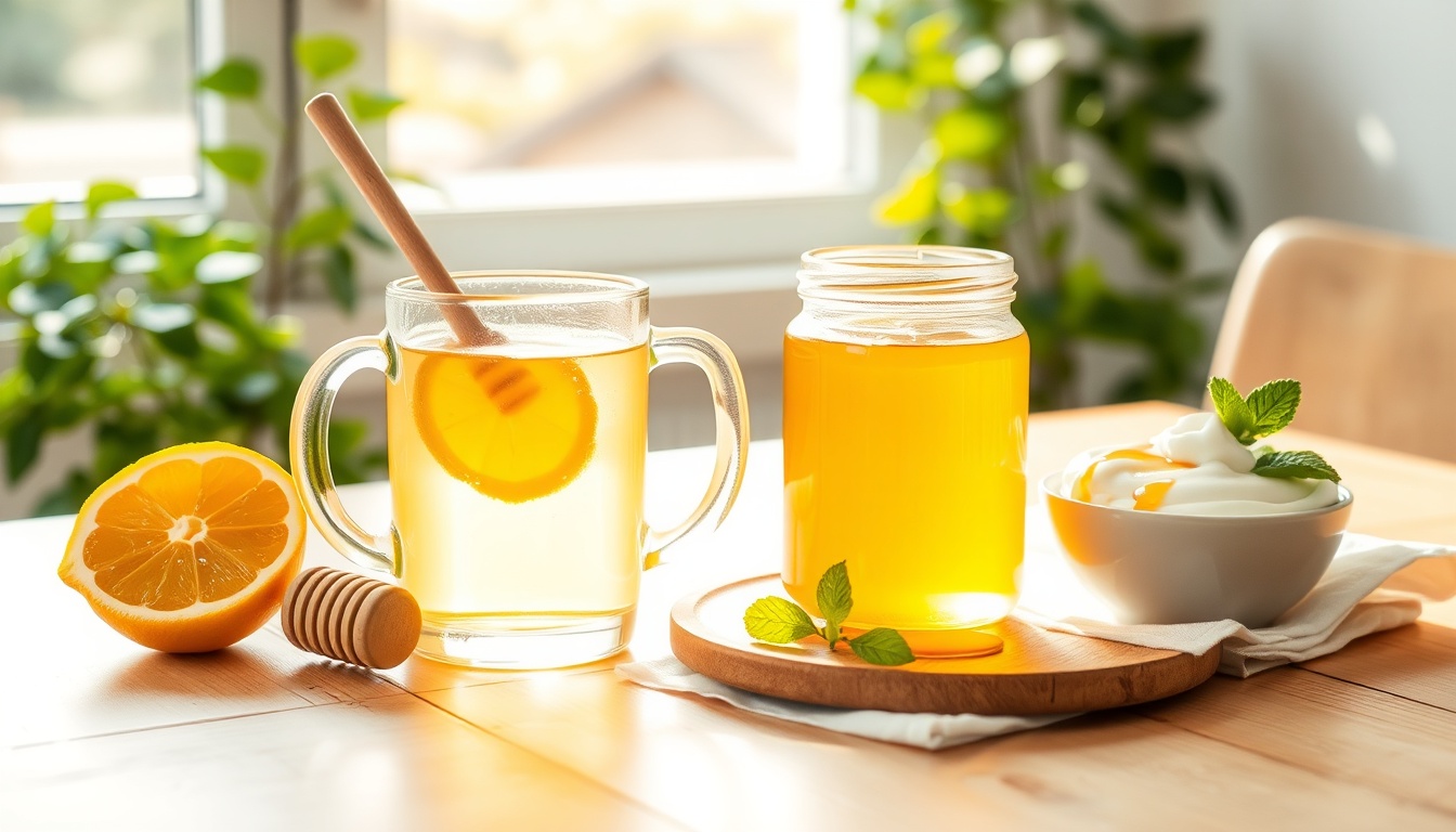 Warm honey-lemon water in clear glass mug with morning sunlight, raw honey jar, Greek yogurt, and fresh mint on rustic wooden table