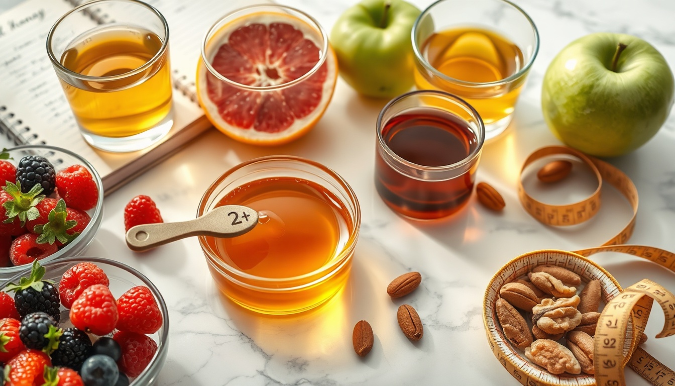 Healthy weight management scene with measured honey portion, fresh fruits, green tea, and nutrition journal on white marble surface