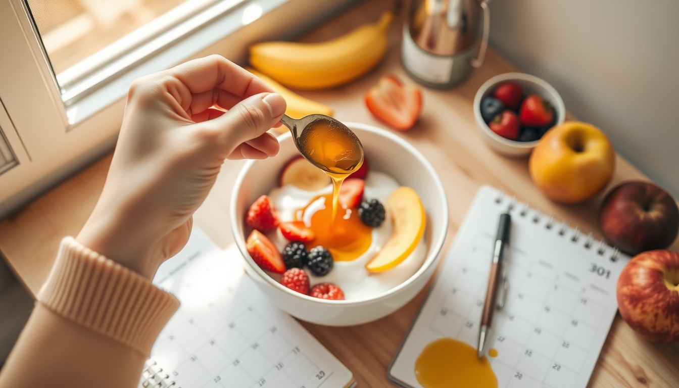 Mindful honey reintroduction with fresh fruit, yogurt, and food journal