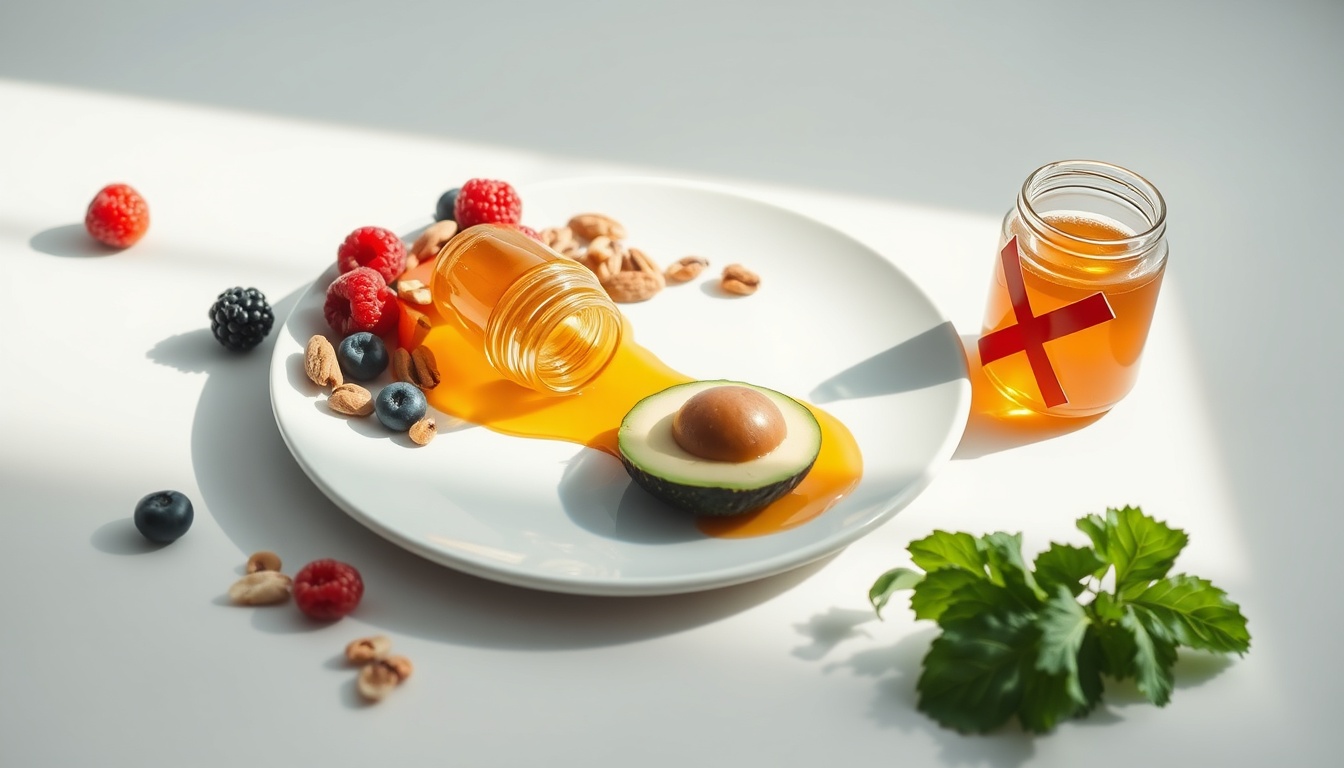 Clean whole foods plate contrasted with eliminated honey jar representing Whole30 rules