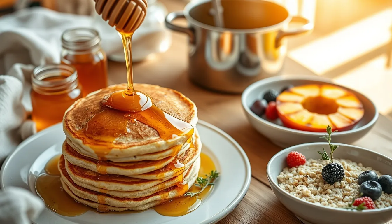 Golden wildflower honey drizzled over buttermilk pancakes with fresh berries and morning light