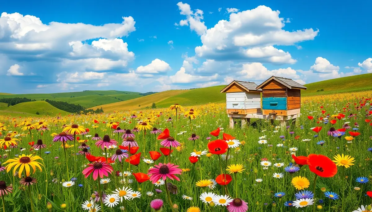 Vibrant wildflower meadow with diverse flowers and wooden beehives under blue sky