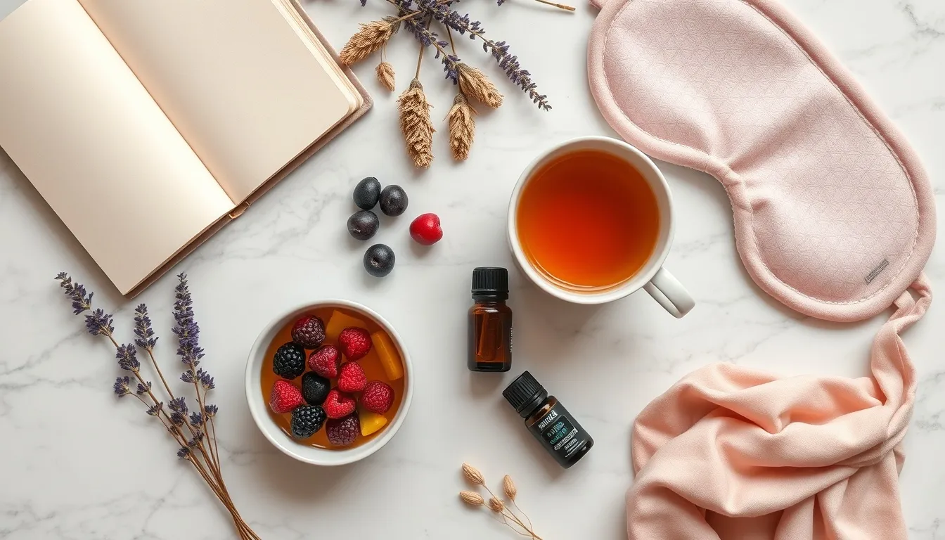 Women's self-care flat lay with honey, berries, herbal tea, and lavender
