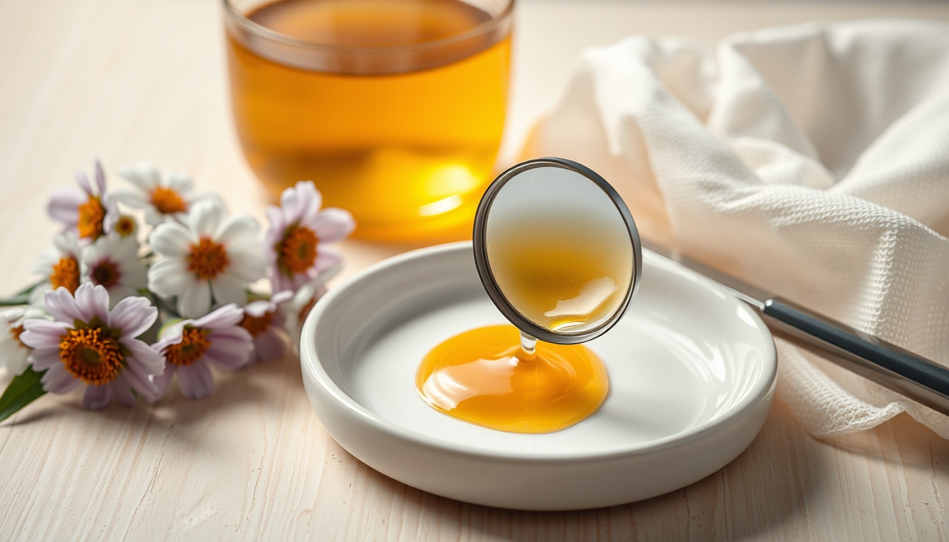 Golden honey flowing from a glass jar with a magnifying glass showing texture detail, surrounded by manuka flowers and sterile gauze