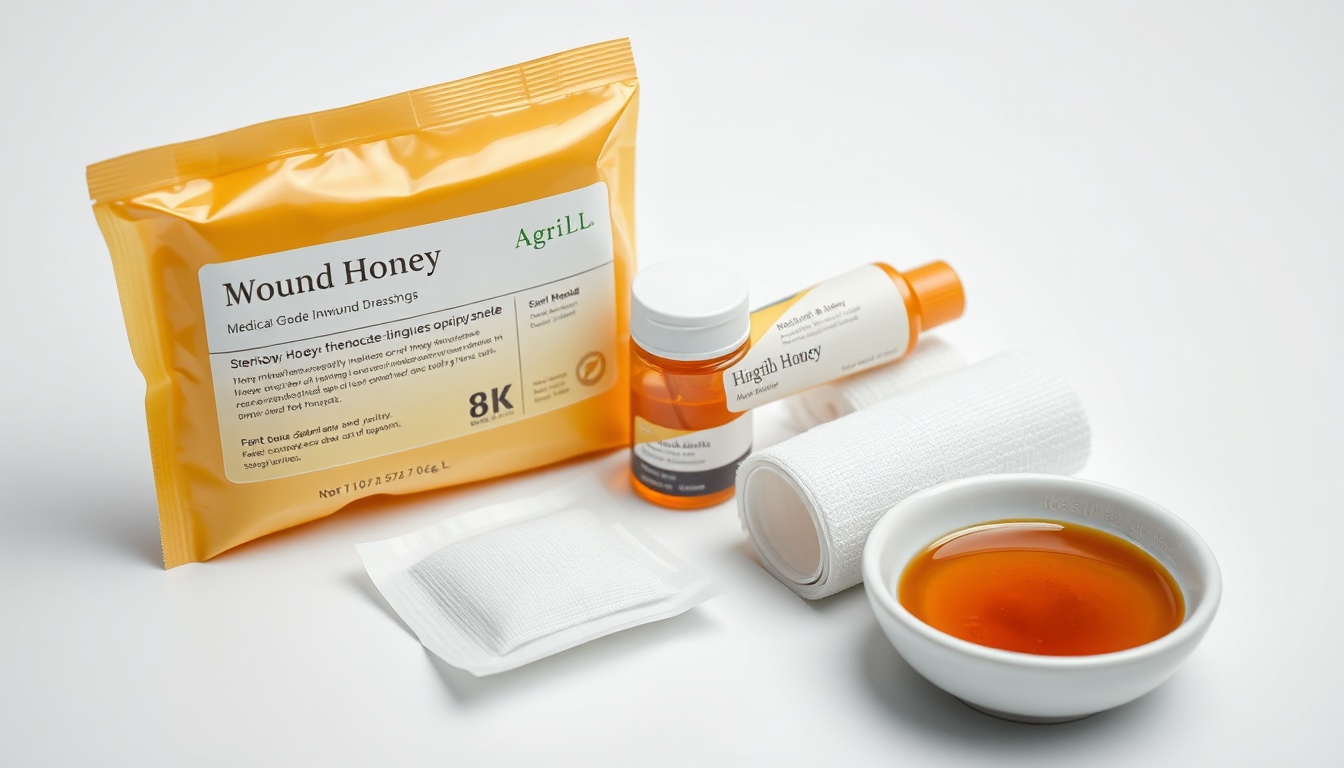 Medical-grade honey wound care products including sterile dressings, honey gel, and Manuka honey on a clinical surface