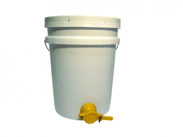 White food-grade bucket with a yellow honey gate at the bottom