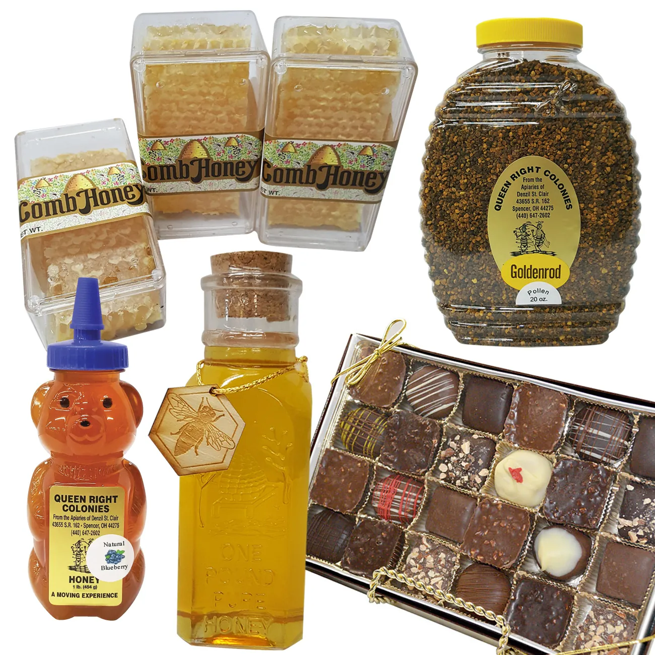 Assortment of honey products: comb honey in clear boxes, a bear-shaped honey bottle, a corked bottle of honey and a box of chocolates