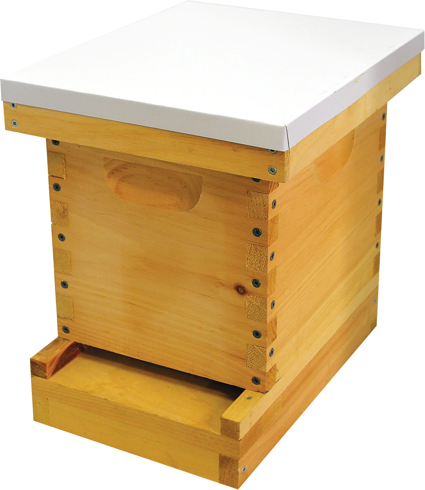 Unpainted pine beehive box with a white lid and an entrance slot at the bottom