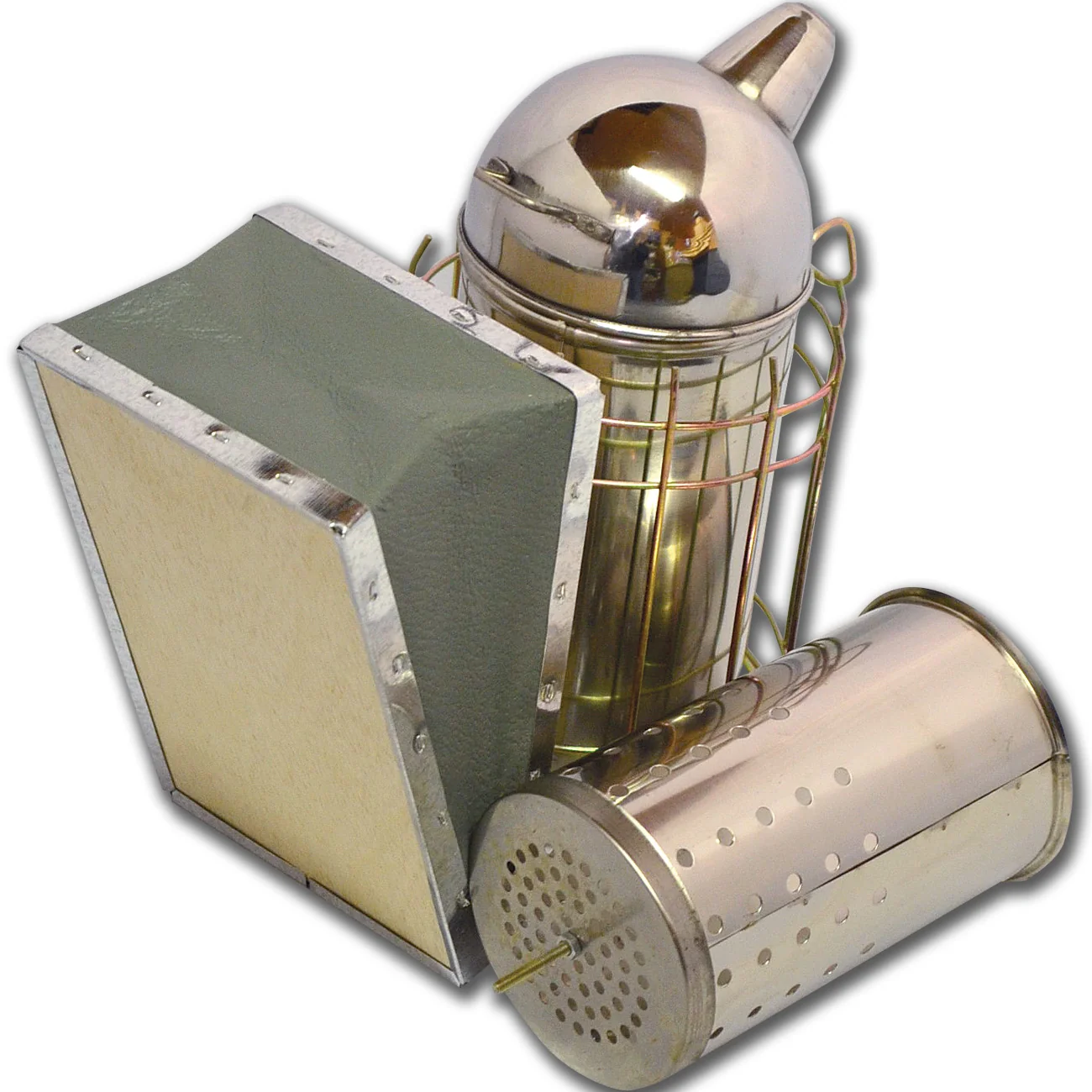 Bee smoker with a metal heat shield beside a separate fuel canister