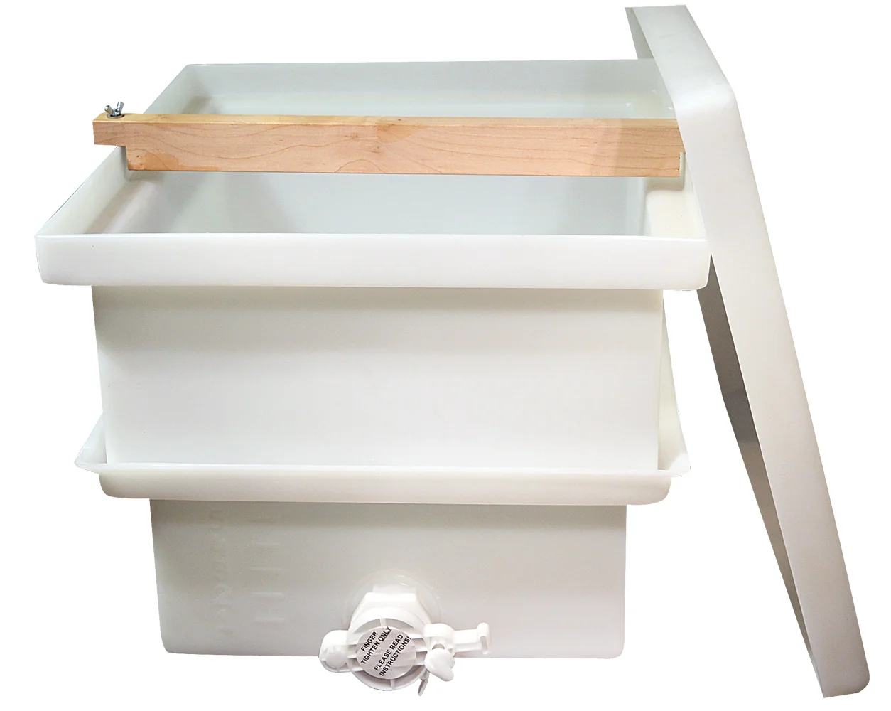 White plastic tank with a wooden bar across the top and a drain at the bottom