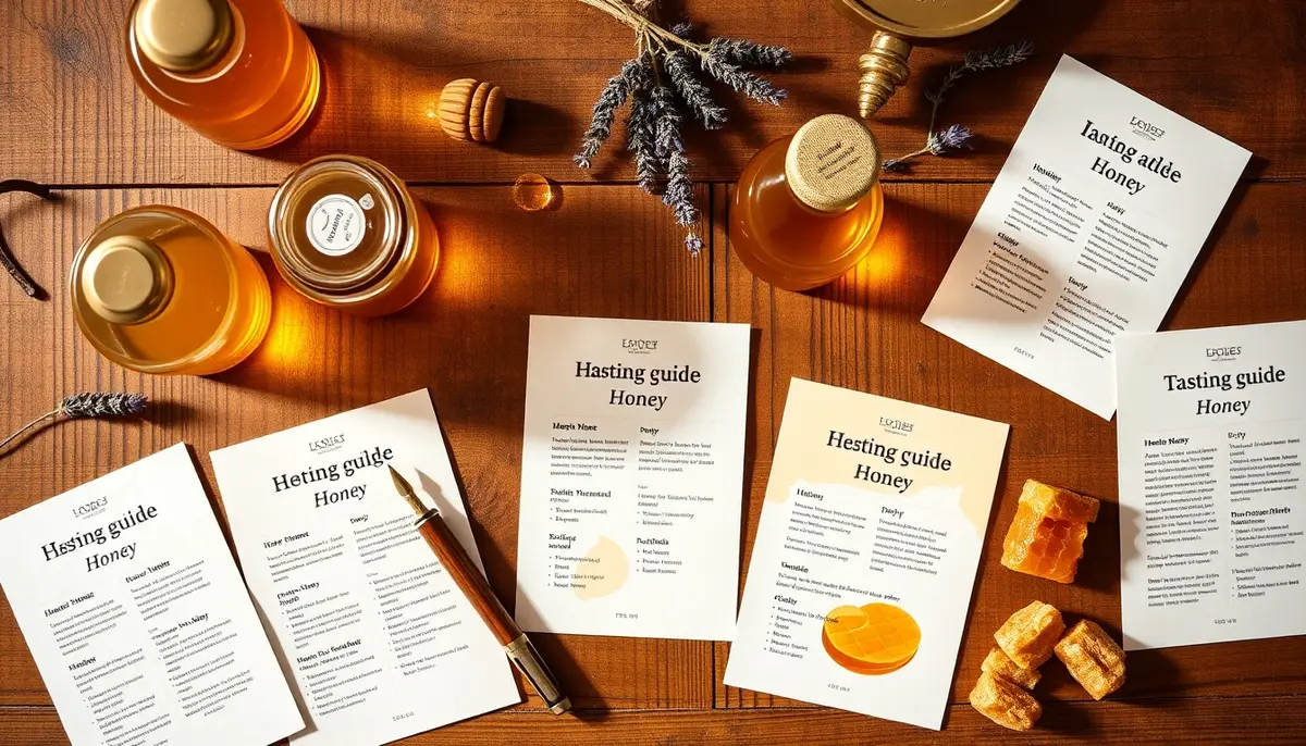 Honey reference cards and tasting guides on a dark wood table with golden honey jars and dried lavender