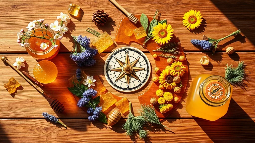 Four-season honey wheel: spring orange blossom, summer lavender, fall buckwheat, winter creamed honey with seasonal flowers