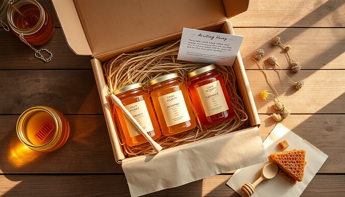 Artisanal honey subscription box being unboxed with premium glass jars of golden honey in different amber shades, tasting notes card, and wooden honey dipper on a rustic wooden table