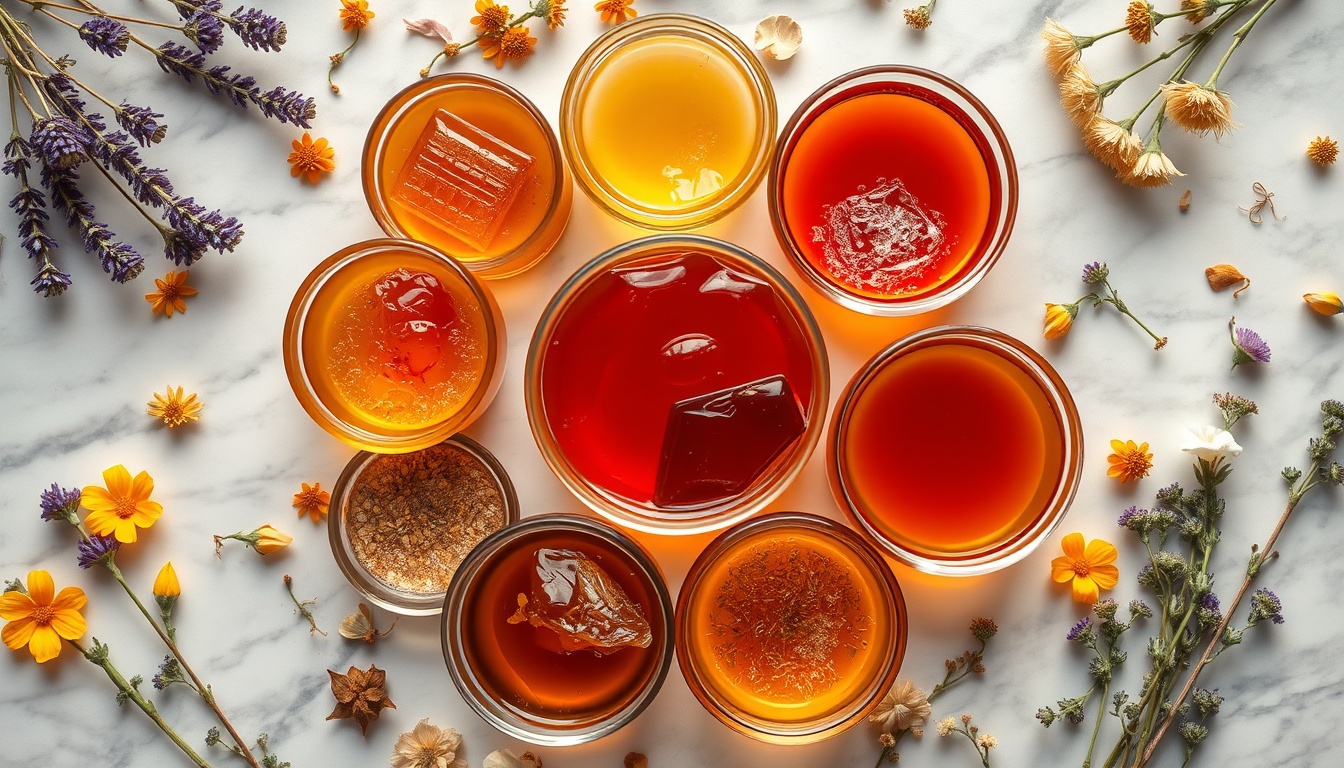 Diverse honey varieties in small glass bowls forming a color wheel pattern surrounded by floral sources