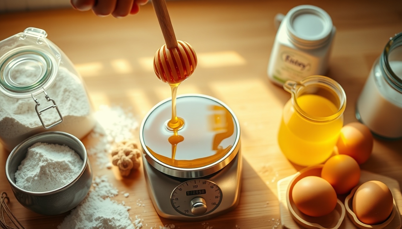 Golden honey being poured from a wooden dipper onto a kitchen scale surrounded by baking ingredients