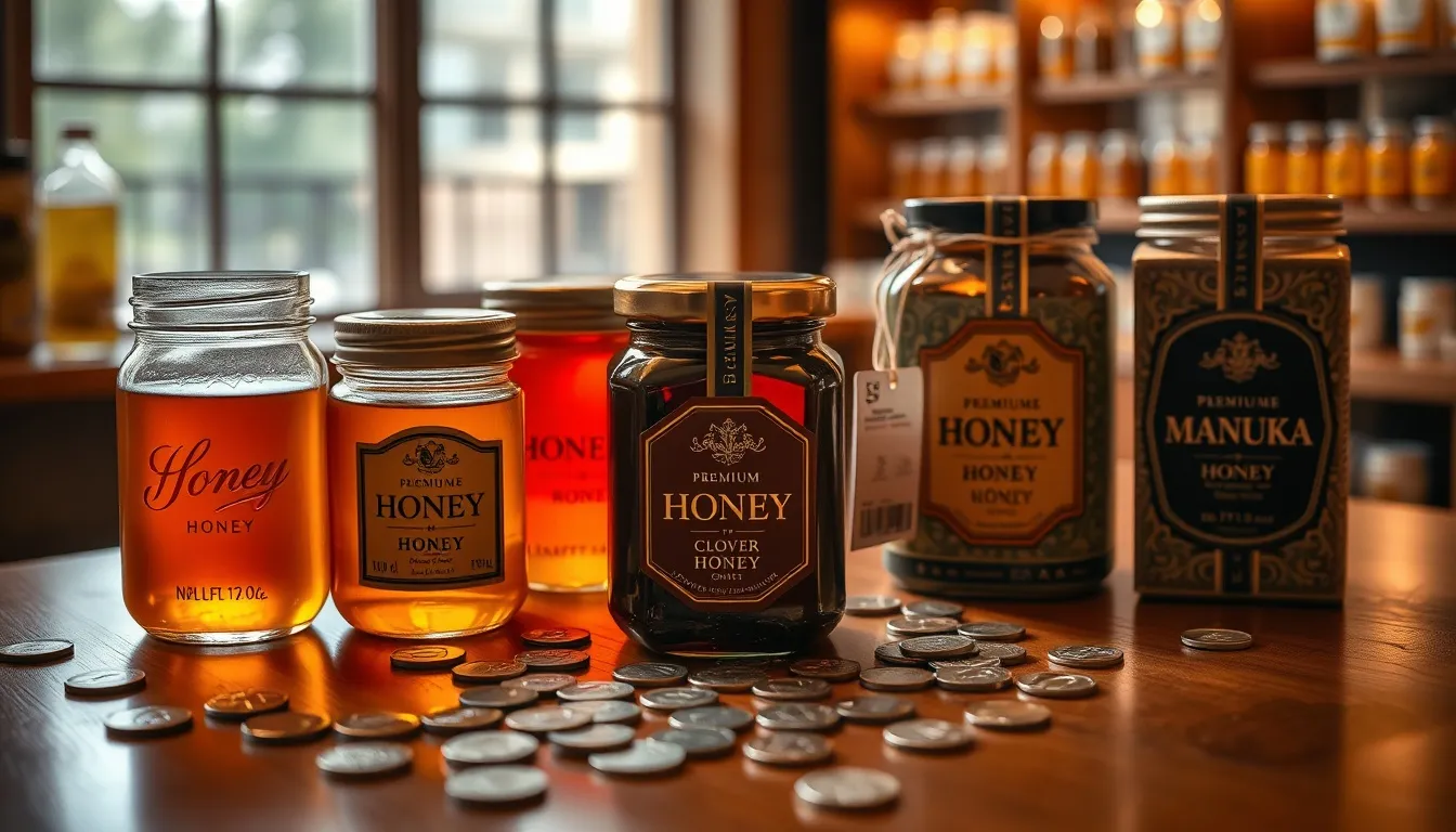 Premium honey jars arranged by price tier from affordable golden clover to luxury dark Manuka