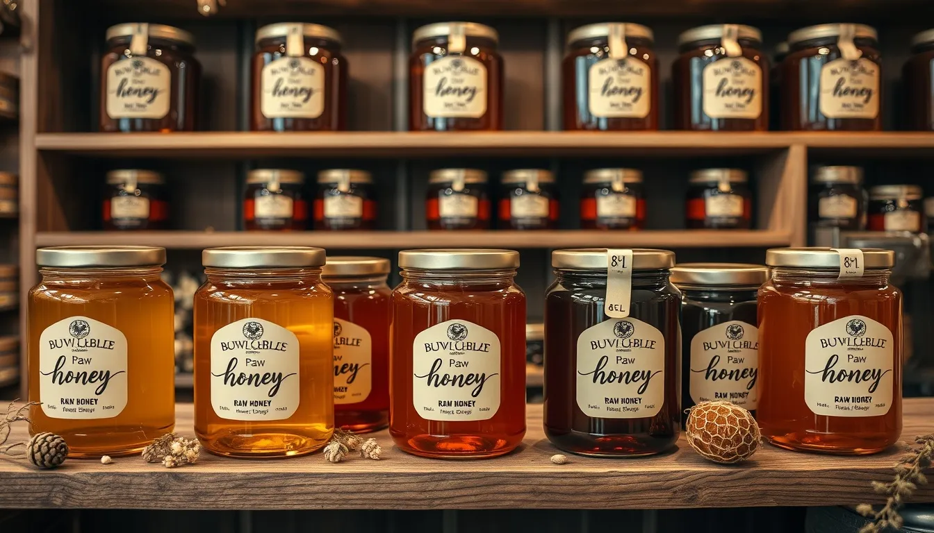 Premium raw honey jars of different colors arranged on rustic wooden shelves