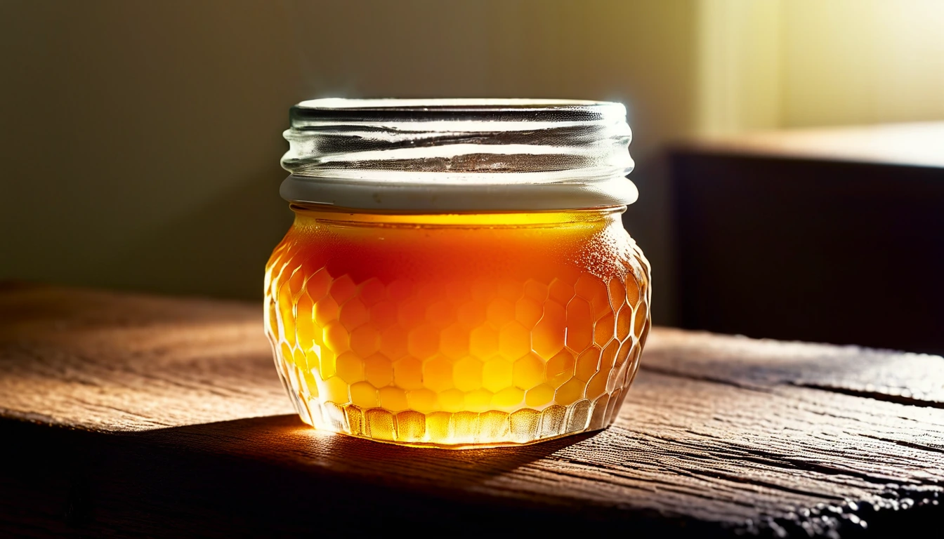 Honey jar on a wooden surface