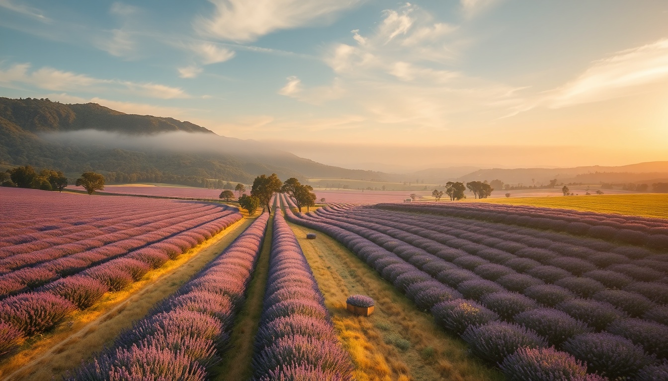 Diverse global honey terroir landscapes from lavender fields to manuka bushland with golden beehives